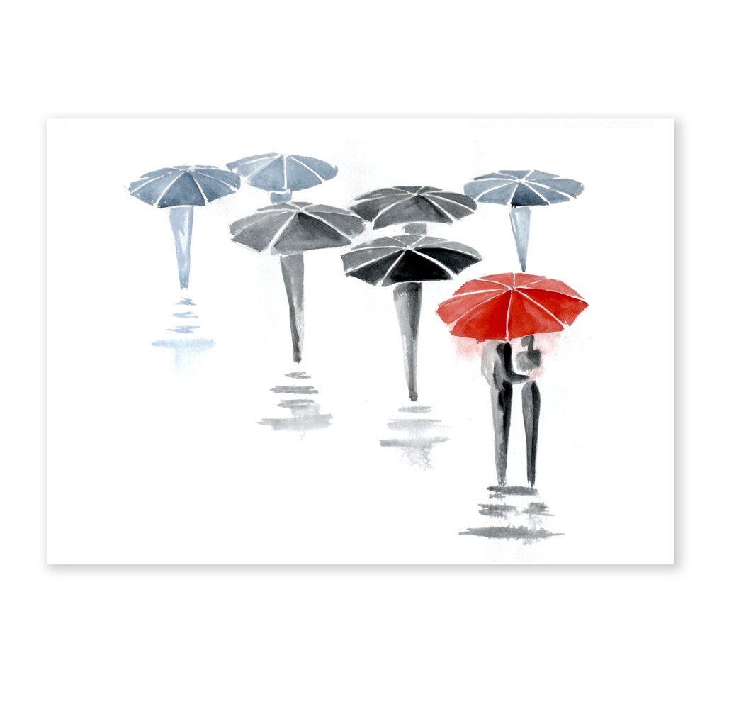 Love autumn rain umbrella kiss Original Watercolor Painting 20x27 contemporary modern wall art illustration abstract home wall decor
