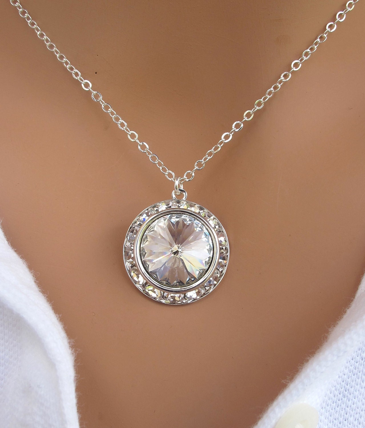 Wedding Necklace Clear Crystal Glamorous Rivoli in Cubic Zirconia 14mm sterling silver necklace. Bridesmaids Gift. Wedding. Formal.