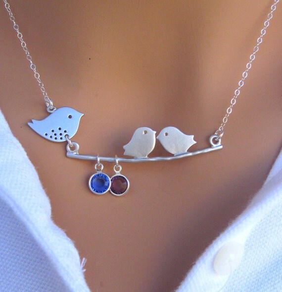 Mommy and Baby bird necklace. CUSTOM BIRTHSTONE. Personalized. Gift.