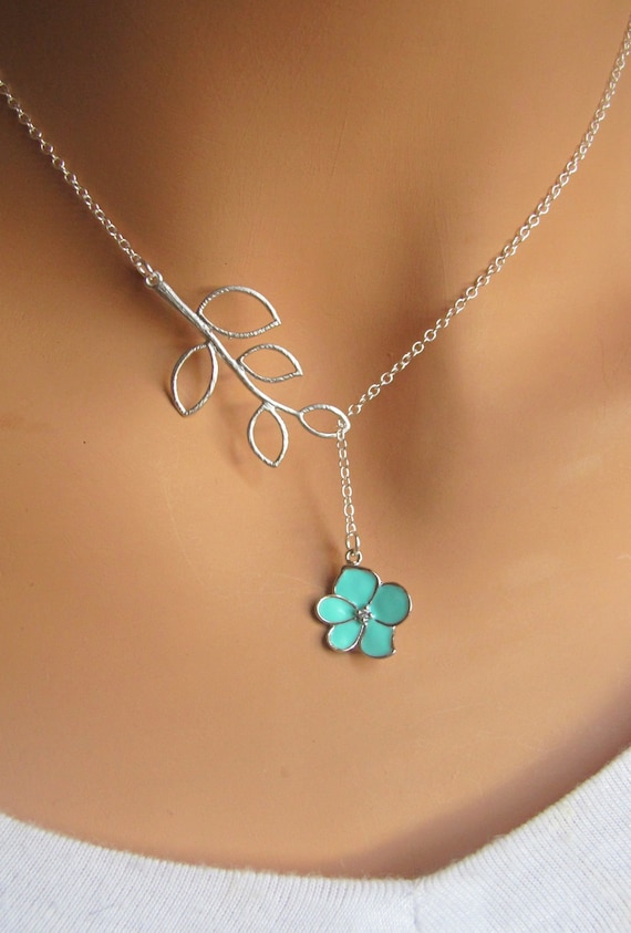 Aqua Orchid Flower with CZ and Branch lariat necklace. Bridal. Wedding. Bridesmaids Gift. Everyday Wear. In Silver.
