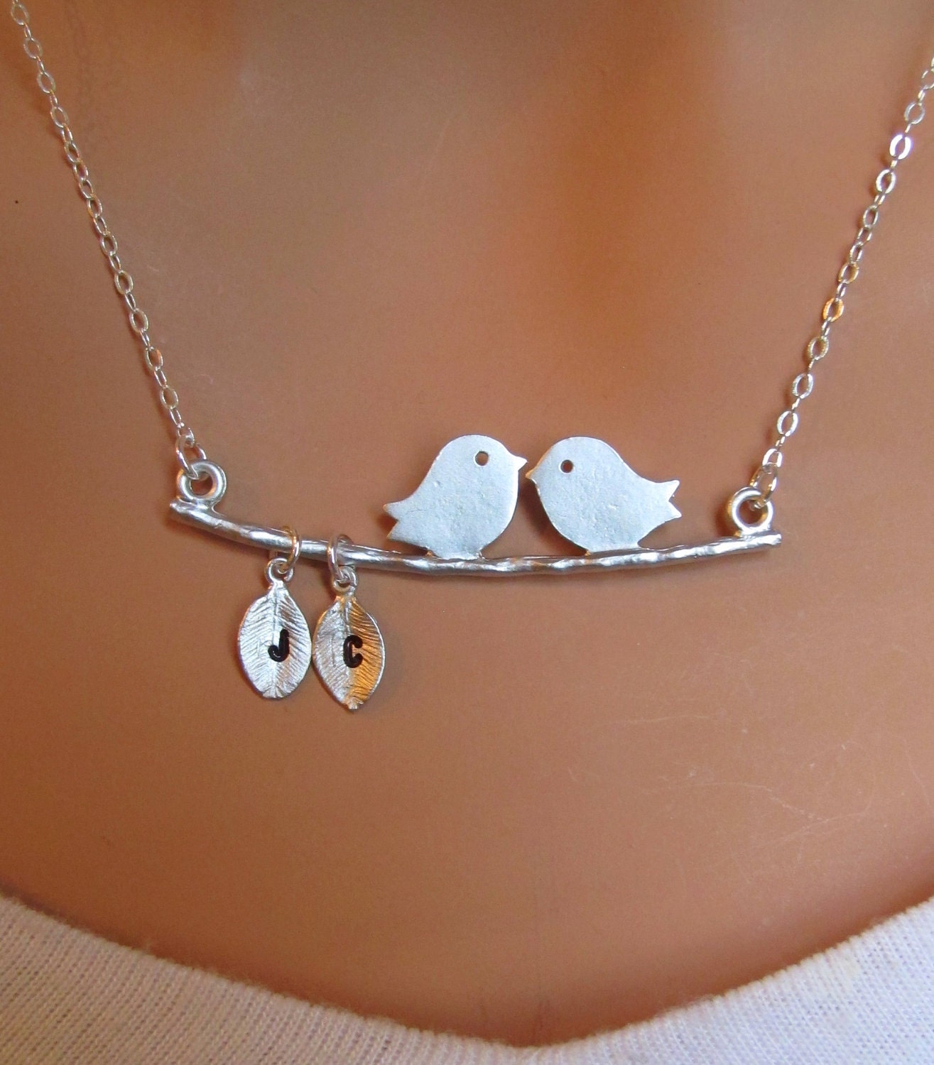 Kissing Love Birds necklace. Personalized. Initials on the Leaf. Couple. Two Love Birds. Anniversary. Marriage. Gift.