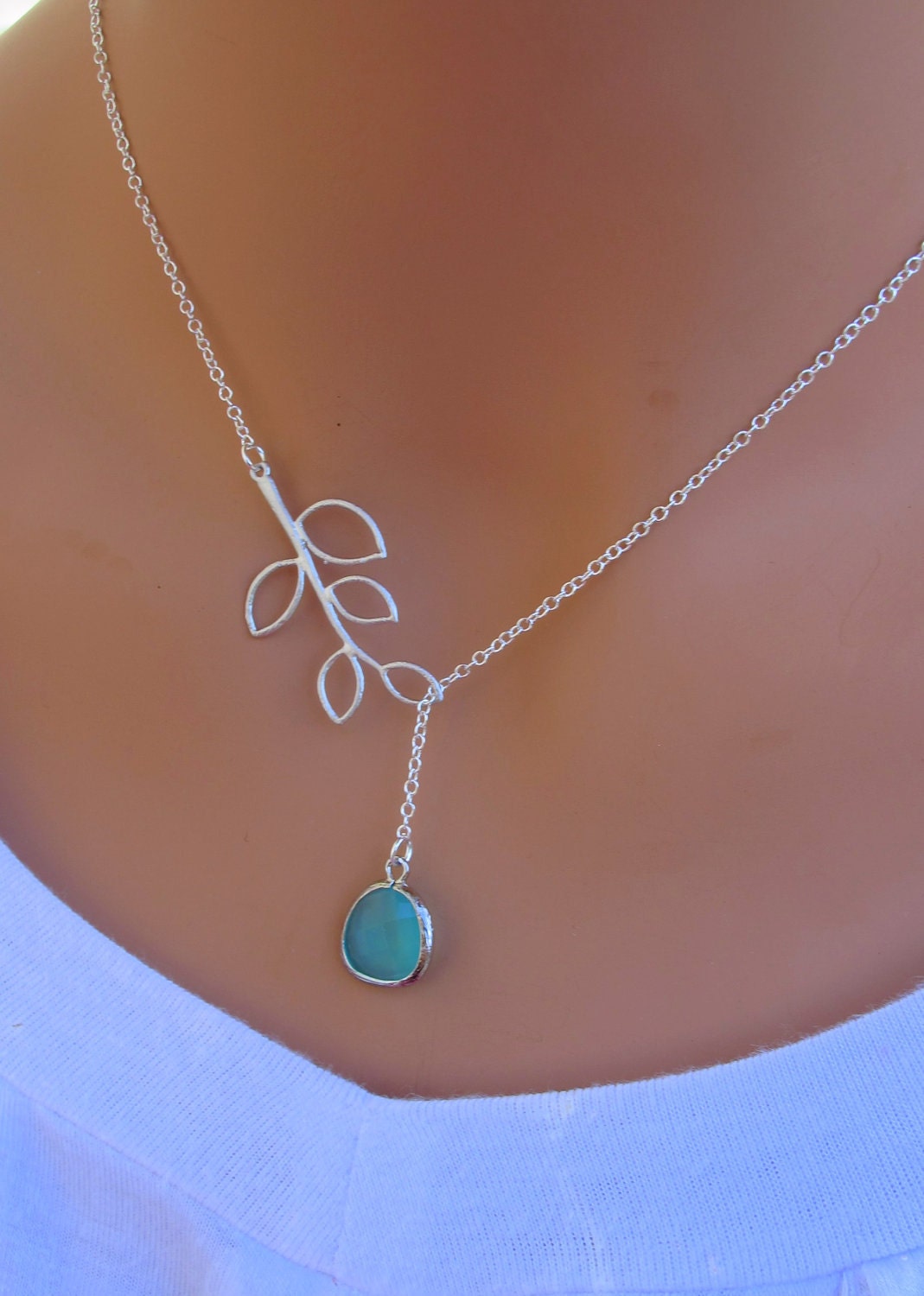 Aqua Blue and Branch Sterling Silver Necklace. Bridal. Wedding. Bridesmaids Gift. Everyday Wear.