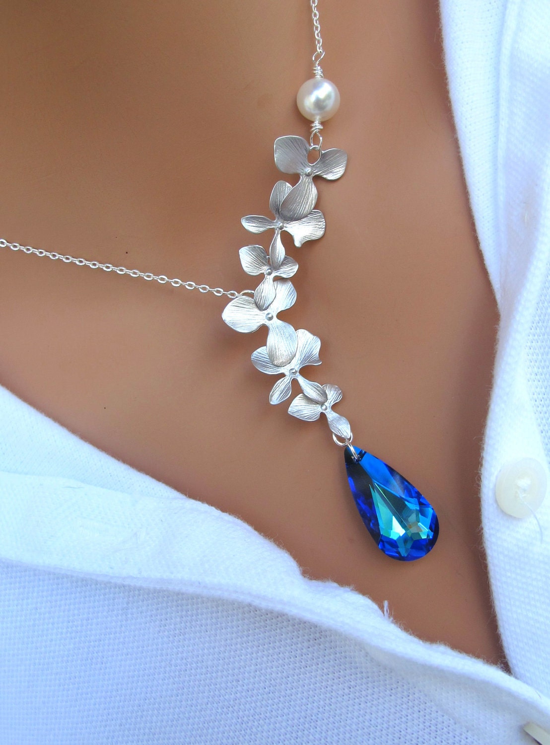 Peacock and Orchids sterling silver necklace. Bridal. Wedding. Bridesmaids Gift.