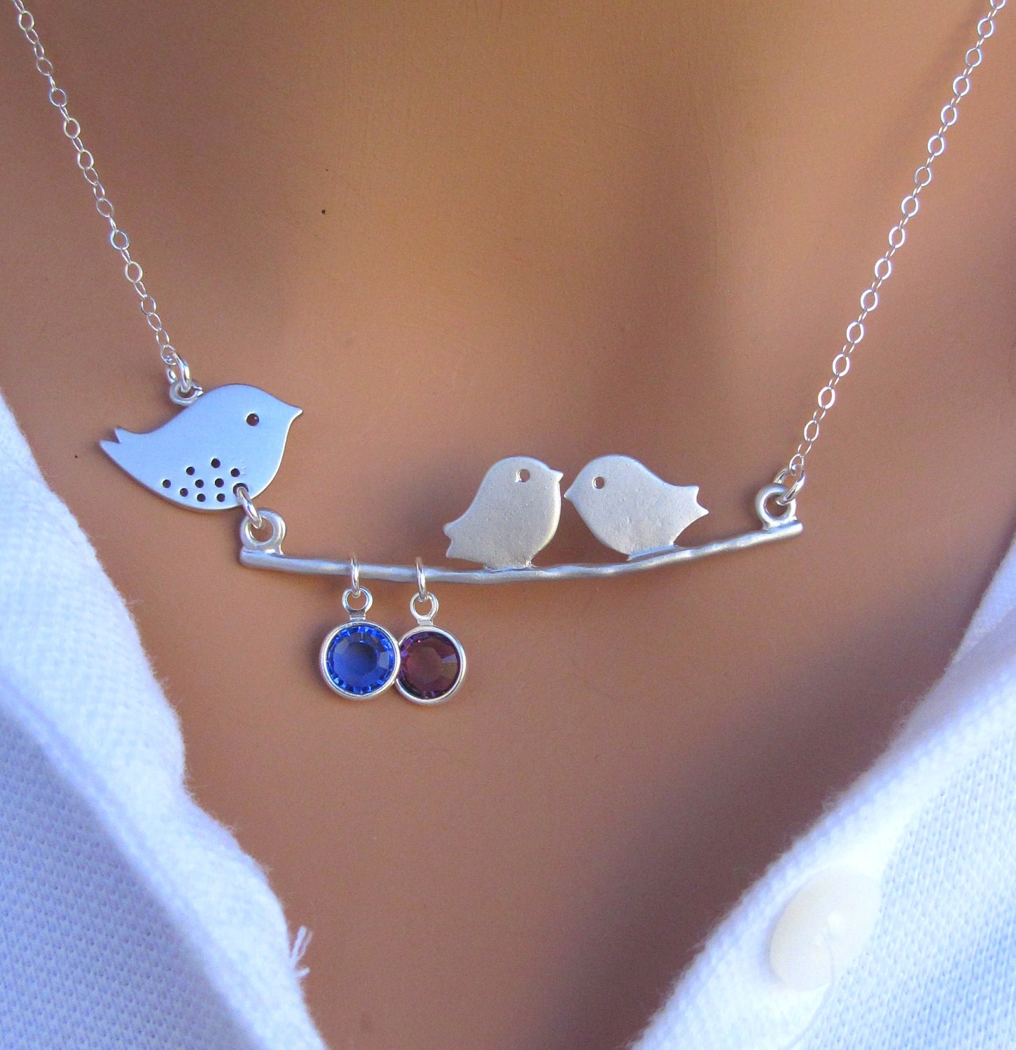 Mommy and Baby bird necklace. CUSTOM BIRTHSTONE. Personalized. Gift.
