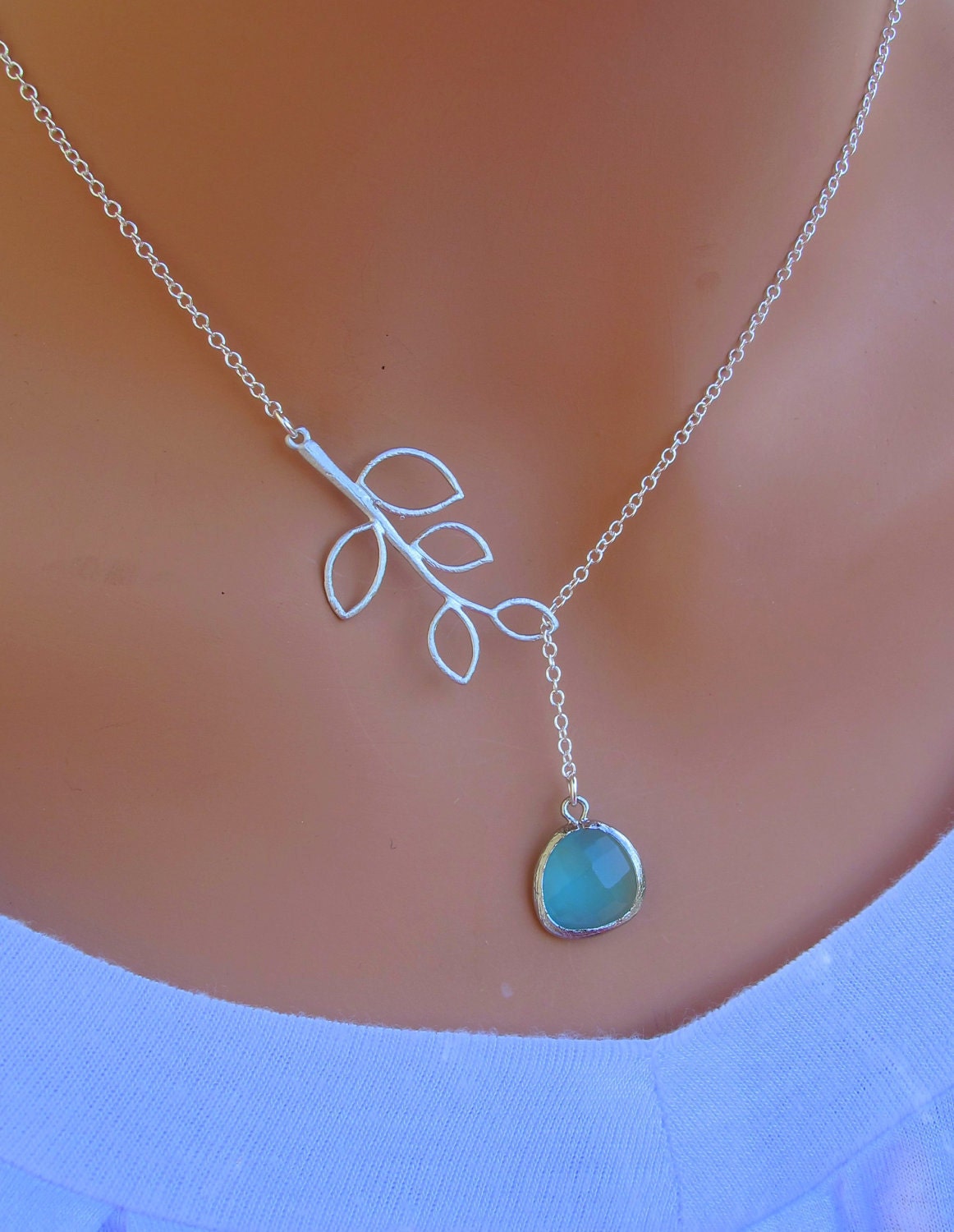 Aqua Blue and Branch Sterling Silver Necklace. Bridal. Wedding. Bridesmaids Gift. Everyday Wear.