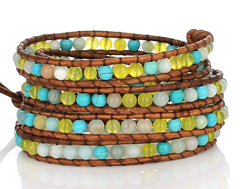 5X Leather Wrap Blue/Green Mix of Jades Amazonite and Turquoise 5X Wrap on Natural Light Brown Leather
