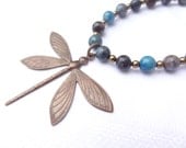 Dragonfly necklace blue agate stone beads statement jewelry
