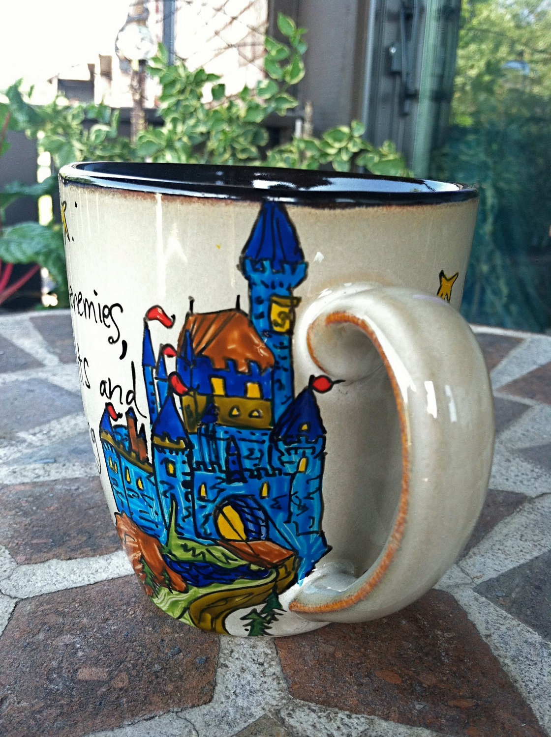 C.S. Lewis "Brave knights and heroic courage" Literary Quote Mug - Taupe, rustic mug with medieval castle