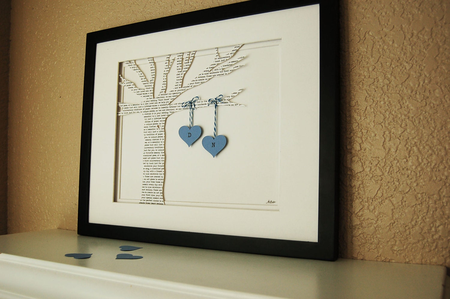 Unique Anniversary Gift: Celebrate Your Favorite Memory, Printed Paper Tree with Hanging Hearts in Blue