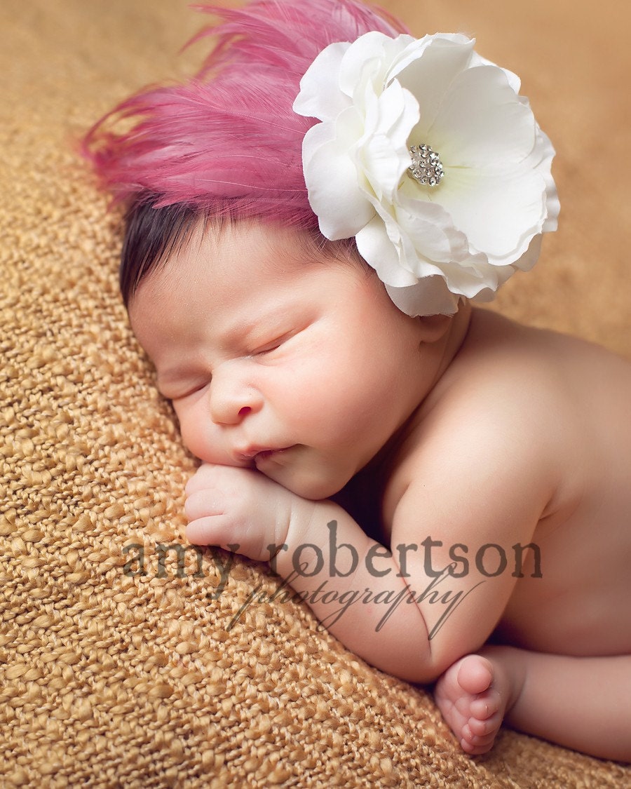 SPRING and SUMMER Day Antique Rose Feather Fascinator White Flower with Crystal Center on Chocolate Brown Headband - All Sizes Available