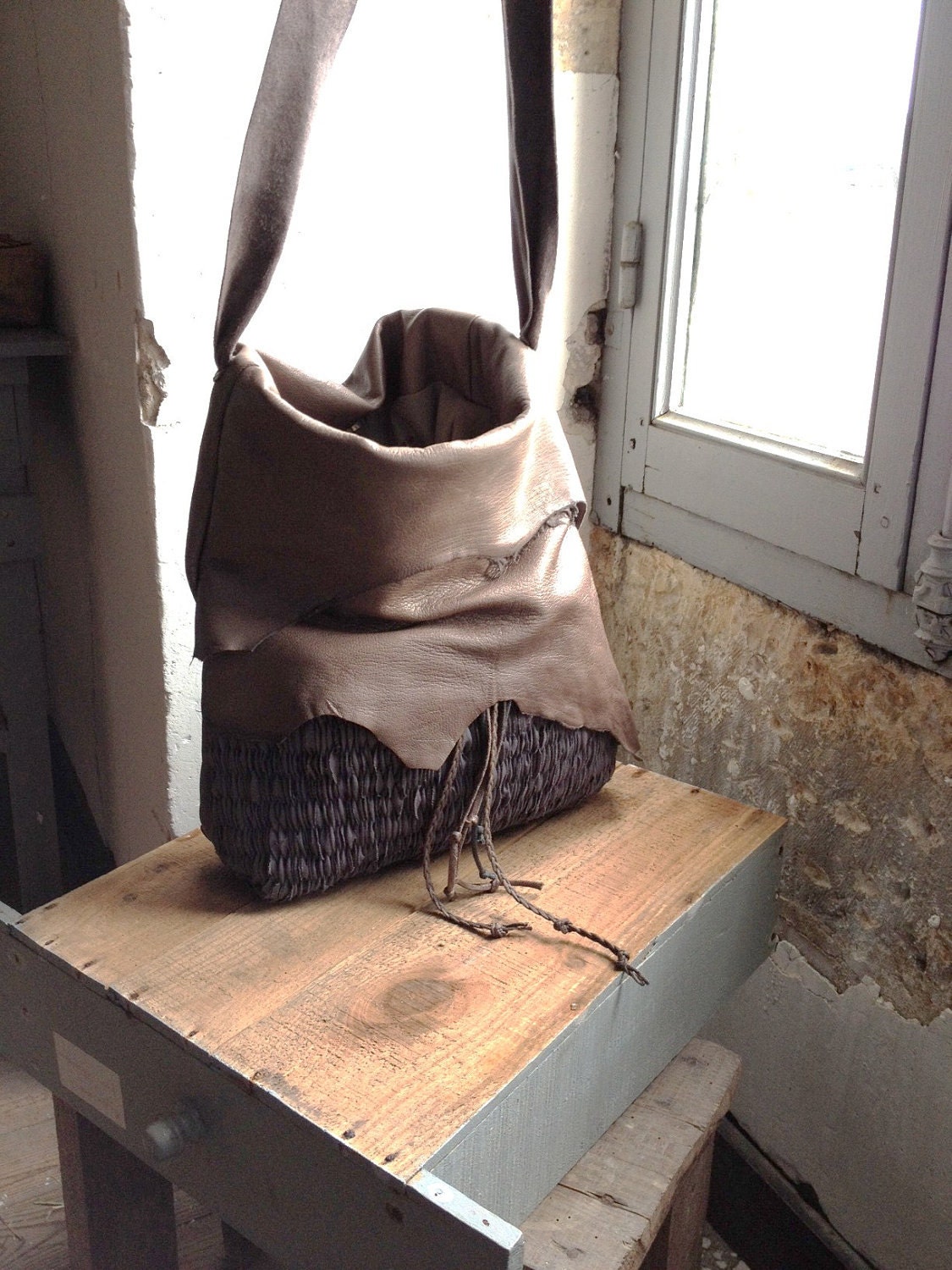 Hobo Tote in Grey Brown Leather and Slate Grey Handweave - Made to Order