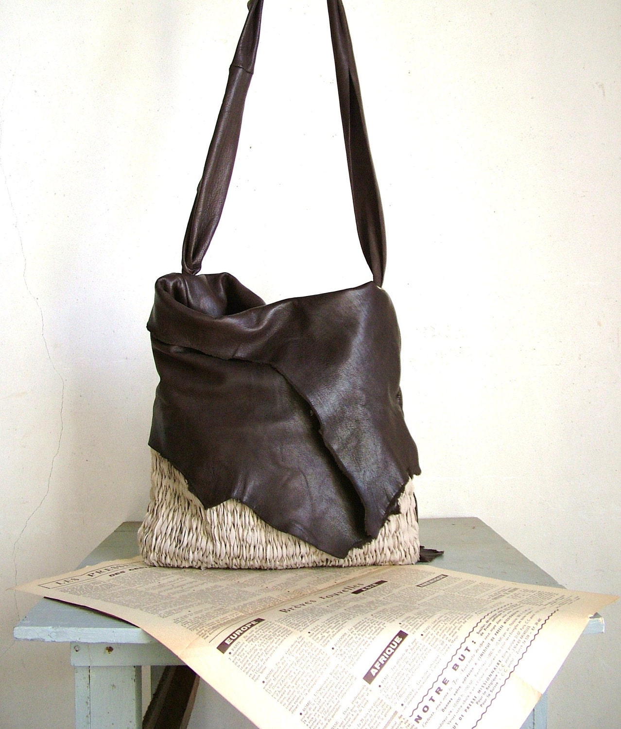 Hobo Tote in Dark Chocolate Brown Leather and Natural Beige Handweave - Made to Order - byloomandhyde