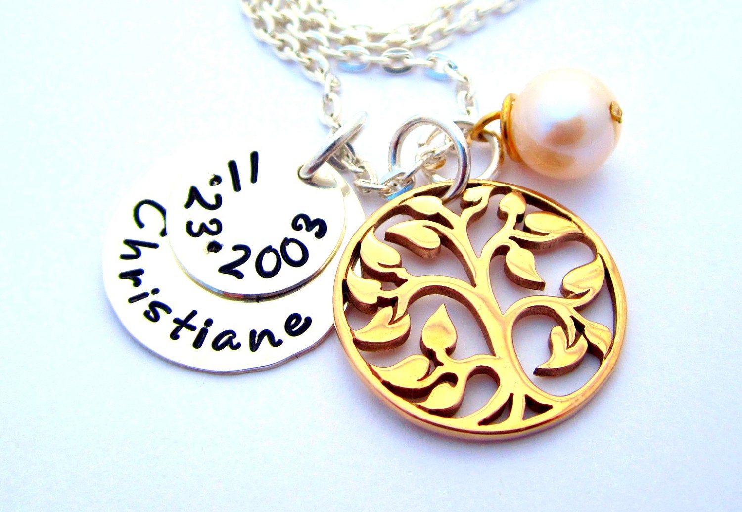 Hand Stamped Family Tree Jewelry - Hand Stamped Mother Necklace - Sterling Silver - EST. Family with Mother of Pearl