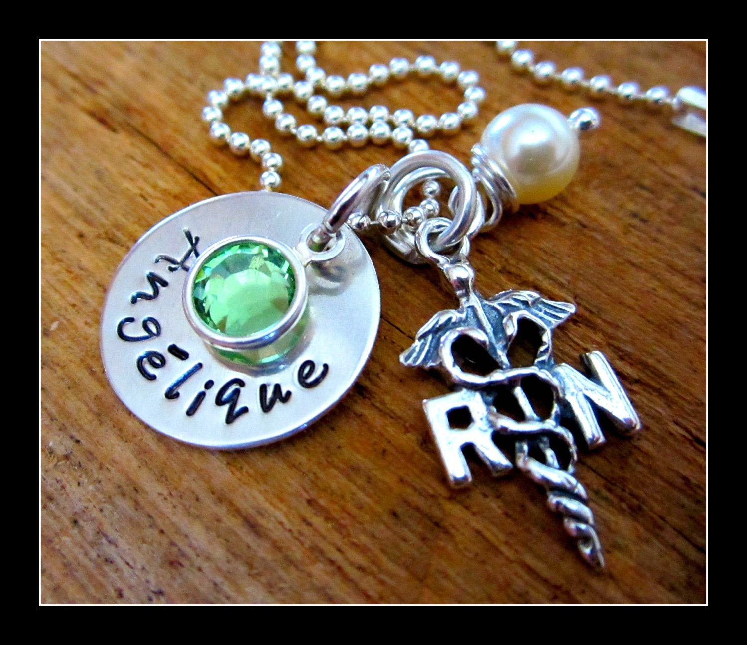 Personalized Registered Nurse RN Charm Jewelry Gift w/ Necklace in Sterling Silver Handstamped Jewelry  Birthstone and Pearl (custom color)