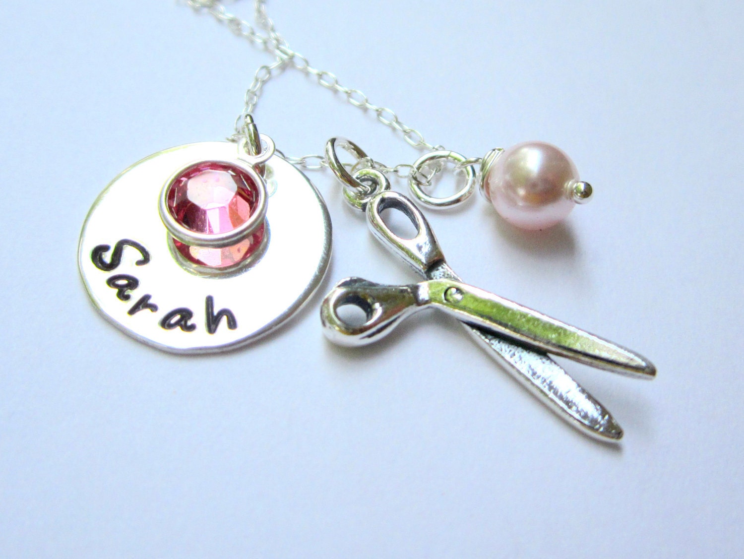 Personalized Jewelry, Hairdresser/ Scissor Charm Jewelry Gift w/ Necklace, Sterling Silver Hand Stamped Jewelry Birthstone & Pearl