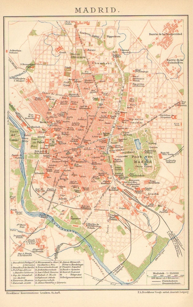 1905 City Map of Madrid, Spain