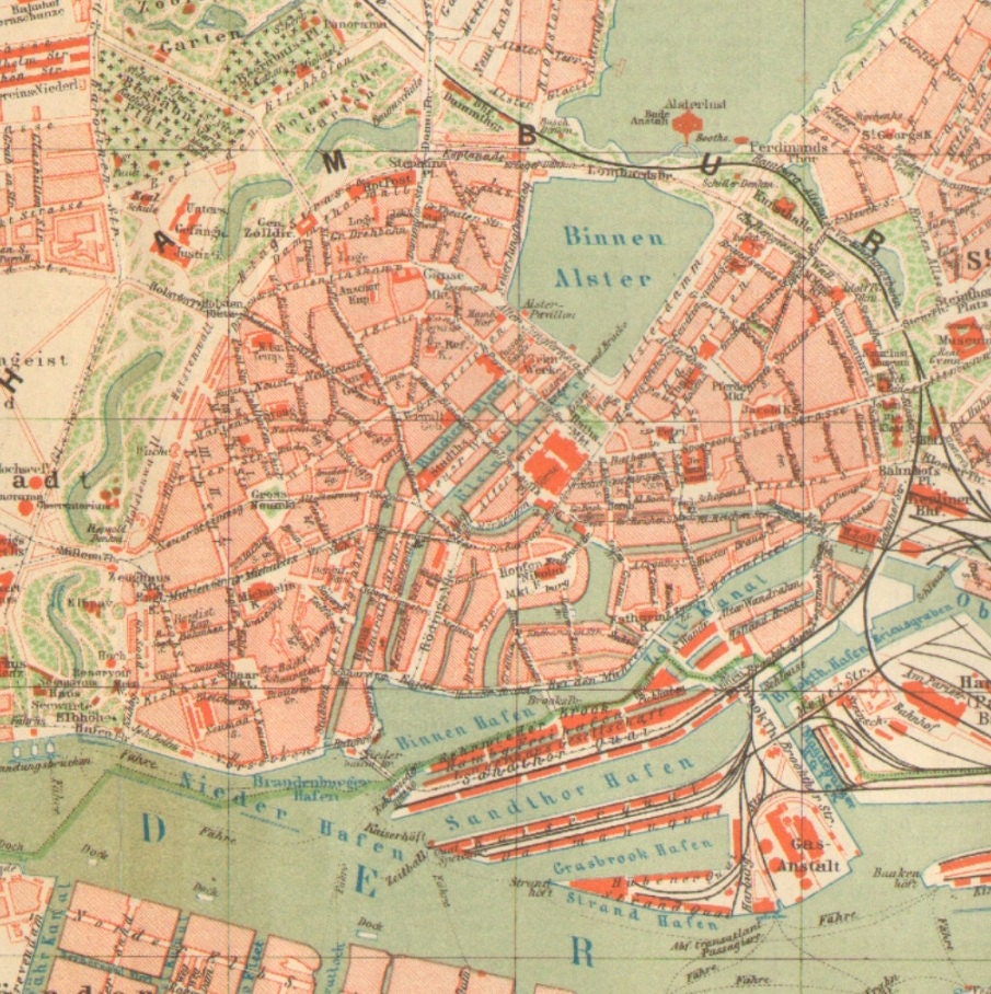 1895 Original Antique City Map of Altona and the German City State of Hamburg
