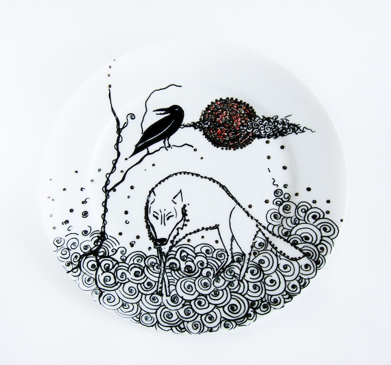 Wolf Plate - Raven Full Moon Rising Wolf