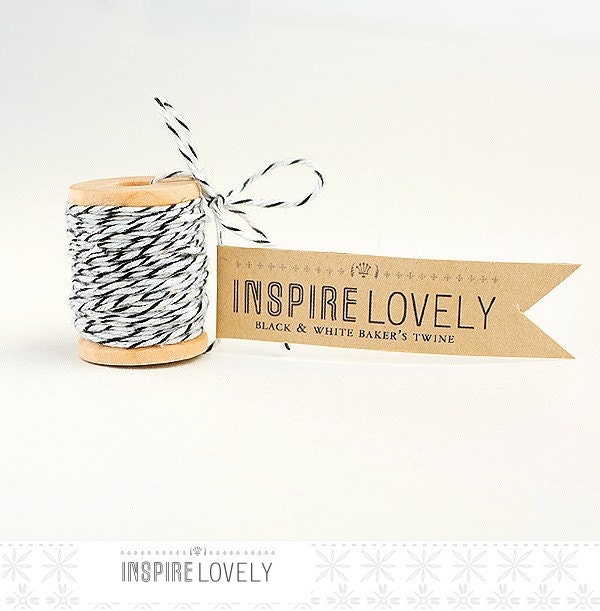 10 yards Black and White Bakers Twine hand wound on a cute mini wooden spool