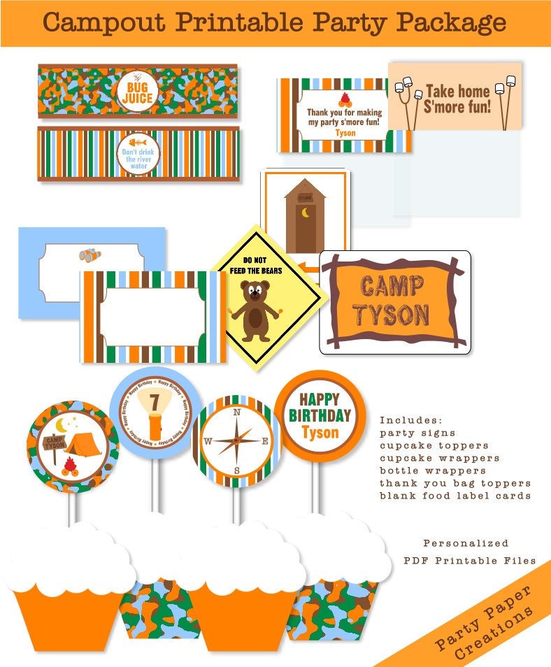 Personalized Backyard Campout Printable Cupcake Toppers Wrappers Favor Tags Party Signs PDF Files Il_170x135