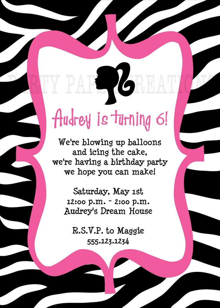 Barbie Invitation - Barbie Silhouette Printable Pink Zebra Print Birthday Party Invitation