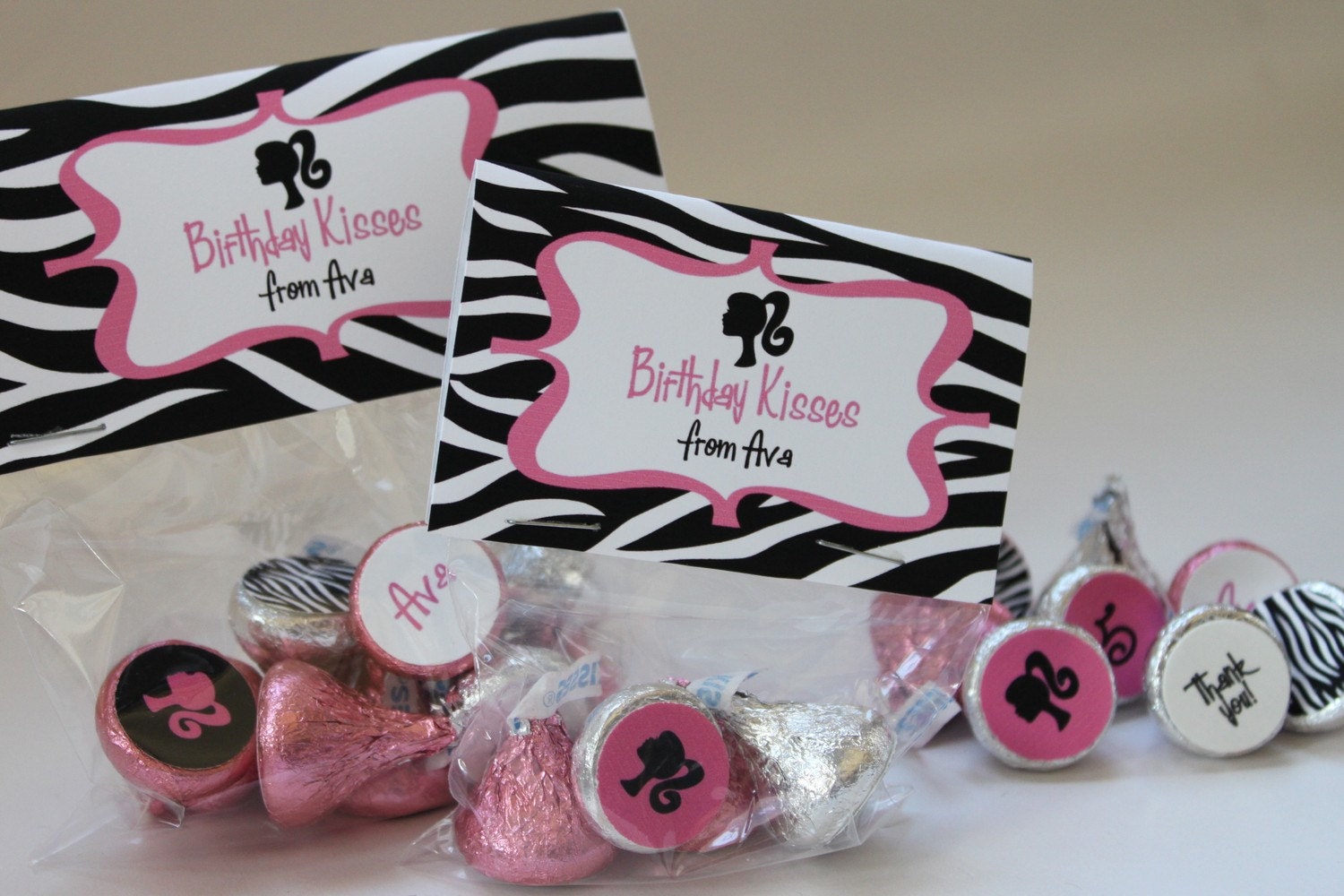 Barbie Silhouette Birthday Personalized Kisses Stickers Labels Treat Bag Party Favor Toppers Printable Digital File Il_570xn