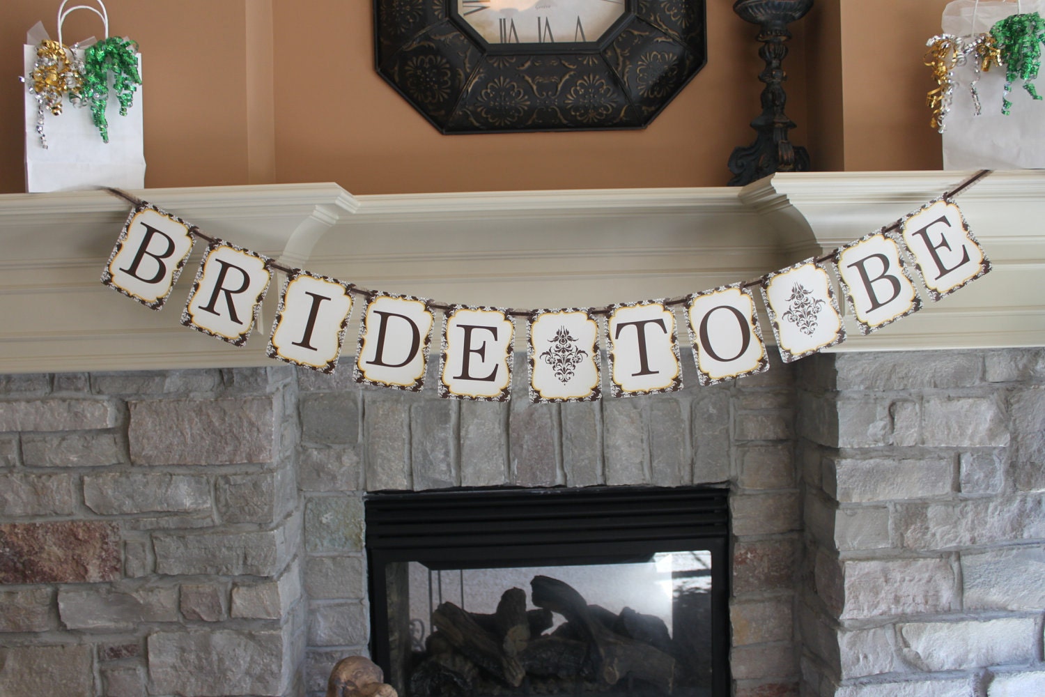 Bridal shower Bride to Be Banner in Cream and Chocolate Brown Damask Printable Banner PDF Files Il_570xn
