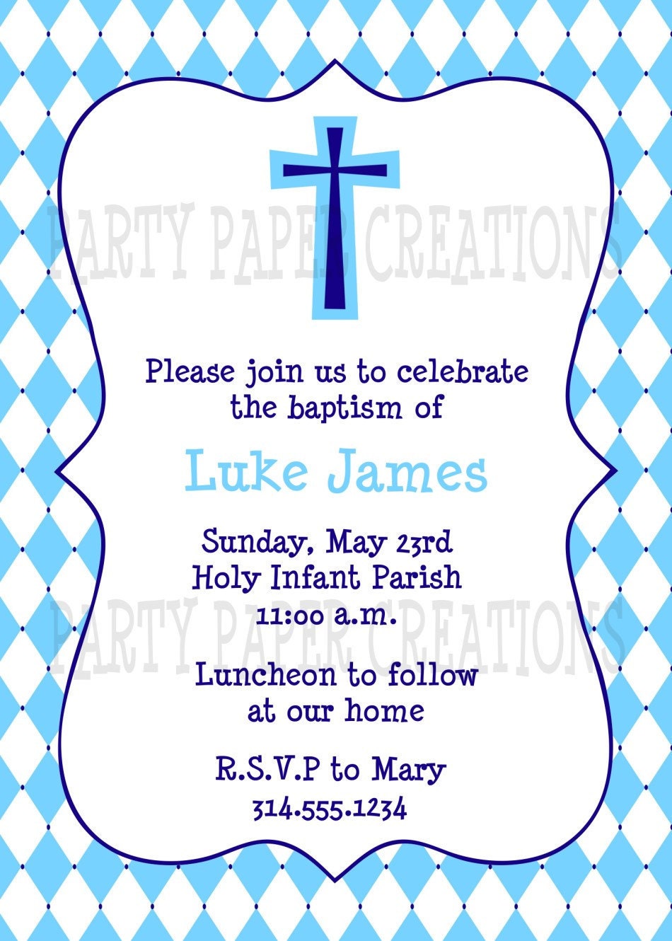Personalized Baptism Christening First Communion Invitation Printable File