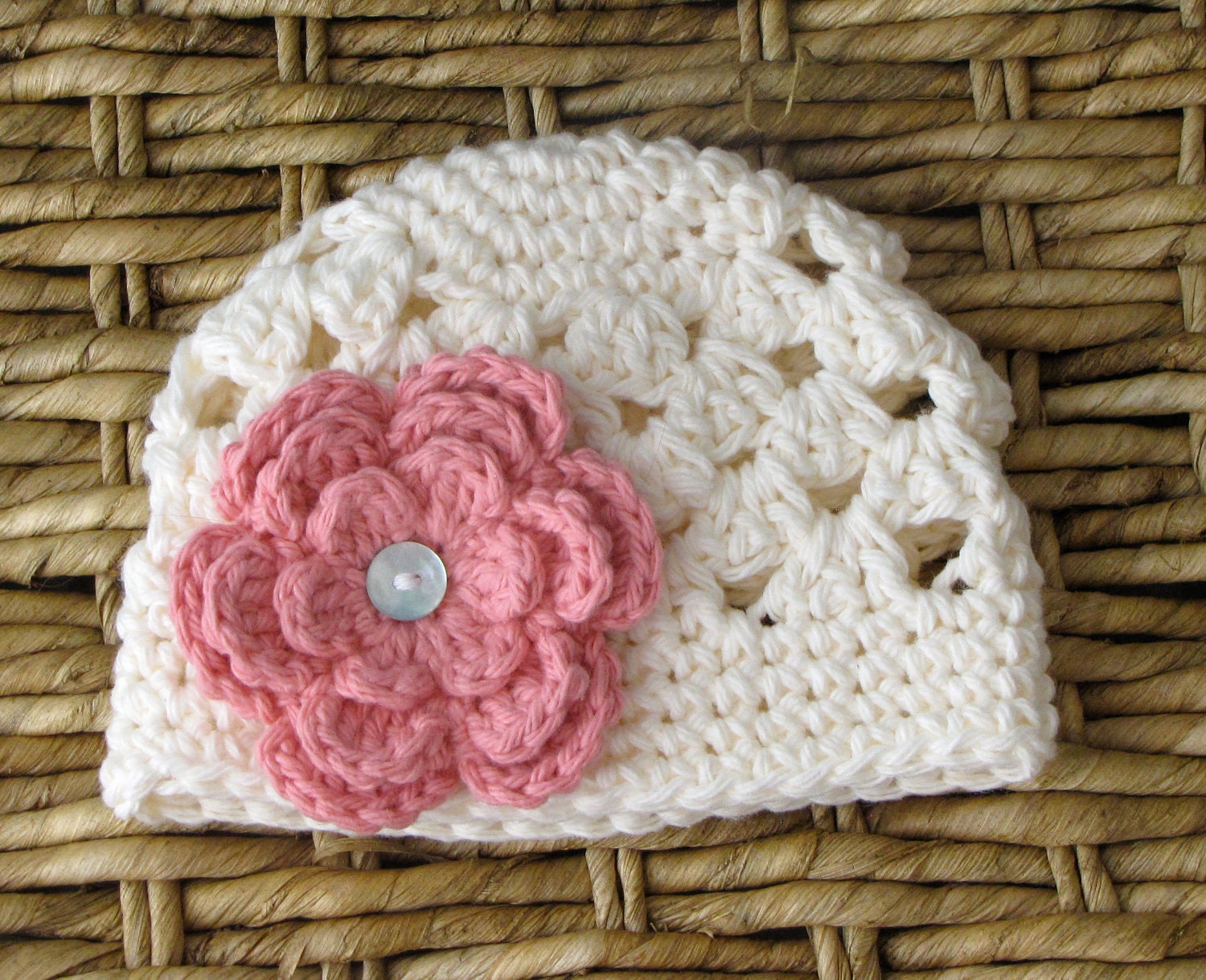 Cream Hat/Beanie with Pink Flower - all sizes available
