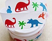 Primary colored prehistoric dinosaurs on white 7/8 inch grosgrain ribbon Il_170x135
