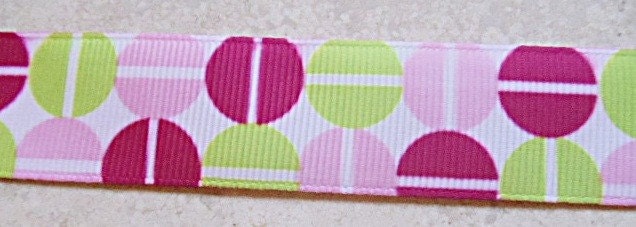Mod lime, light pink and raspberry circles on  White 7/8 inch grosgrain ribbon