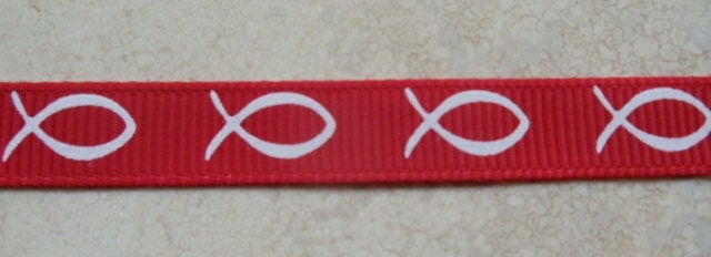 SALE-Red 3/8 inch grosgrain ribbon with fish-SALE