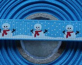 Snowy Snowmen on snow drifts on light blue 3/8" grosgrain ribbon Christmas Il_170x135