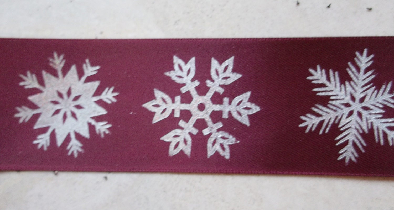 Gorgeous Silver glitter snowflakes on burgundy 1 1/2" satin ribbon Christmas Il_170x135