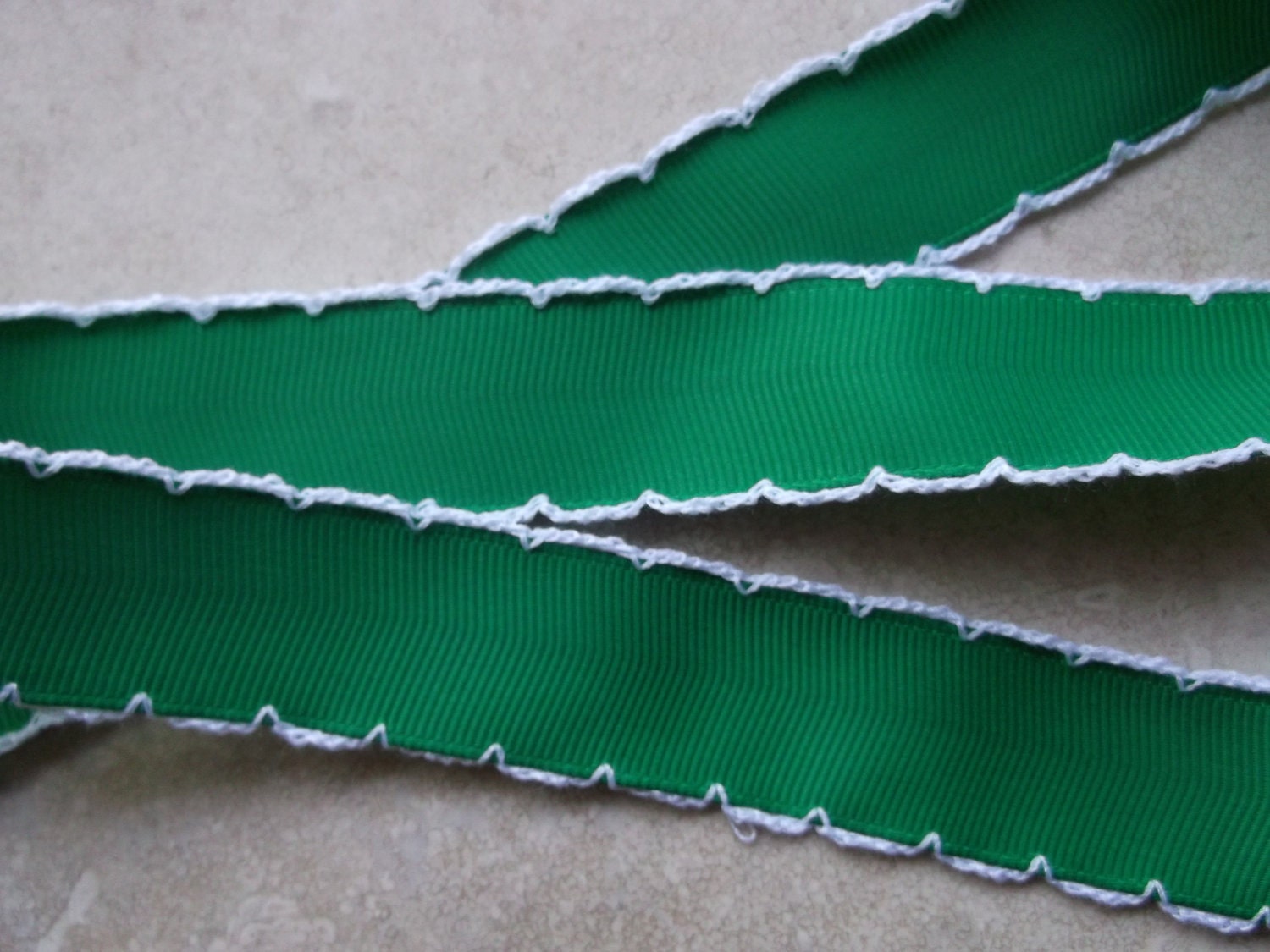Gorgeous white Moonstitch on Emerald green 7/8" grosgrain ribbon Christmas Il_170x135