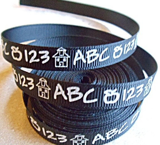 White ABCs and 123s on black 3/8" grosgrain ribbon Il_570xn