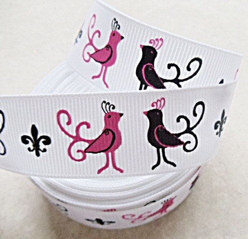 Paris Love Birds on white 7/8" grosgrain ribbon Il_570xn