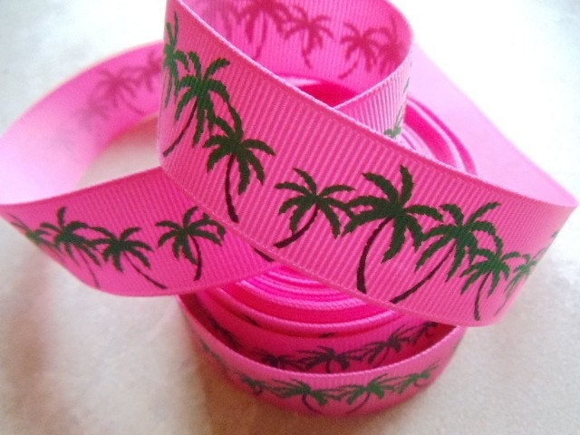 Palm Trees printed on hot pink 7/8 inch grosgrain ribbon Il_570xn
