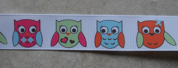 Sweet lime green, blue, hot pink & orange owls on white 7/8" grosgrain ribbon Il_570xn