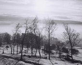 Misty landscape photograph, English valley and trees, black and white. Dreamy Winter home decor print SALE. 8x8 fine art photo. UK seller