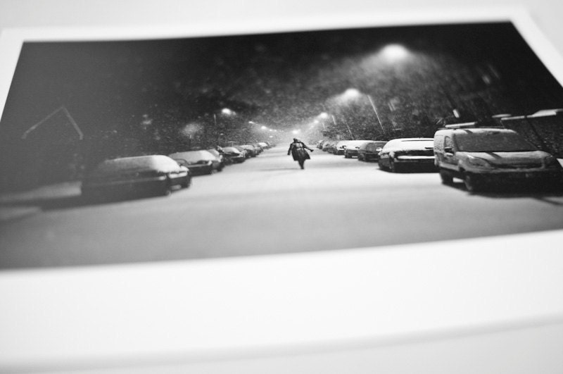 London photography, snowy black and white Hackney winter street scene with lonely female figure. 8x10 fine art photo print. UK seller