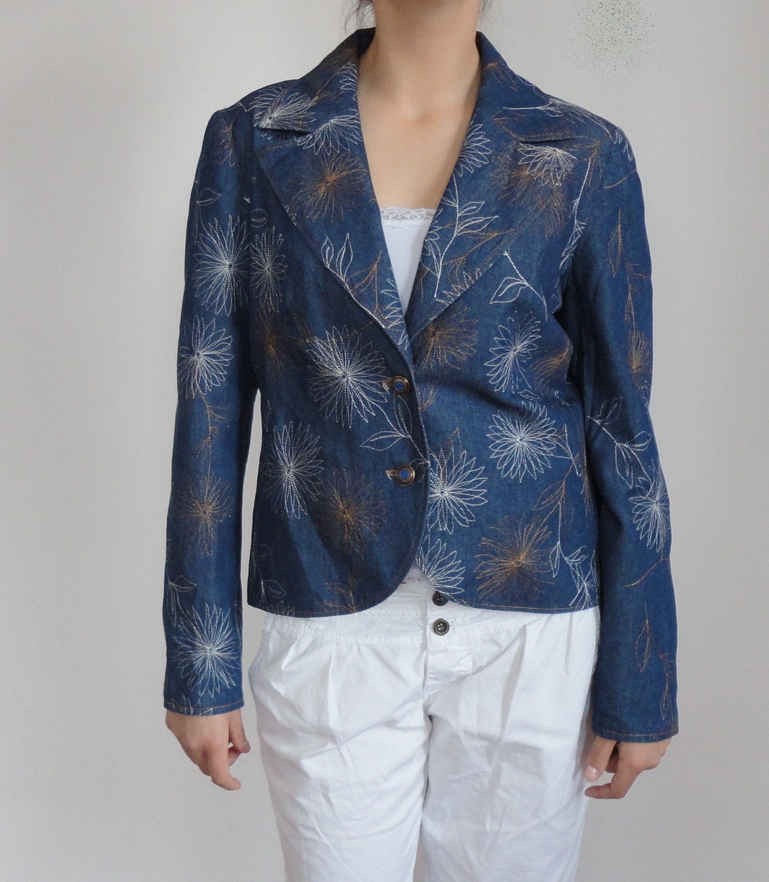 Short denim jacket with embroidery