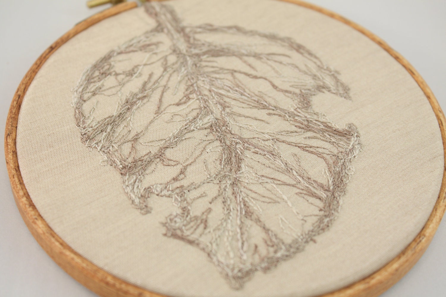 Embroidery Hoop art Leaf Free style wall hanging fall foliage Brown Beige contemporary wall textile art Home decor