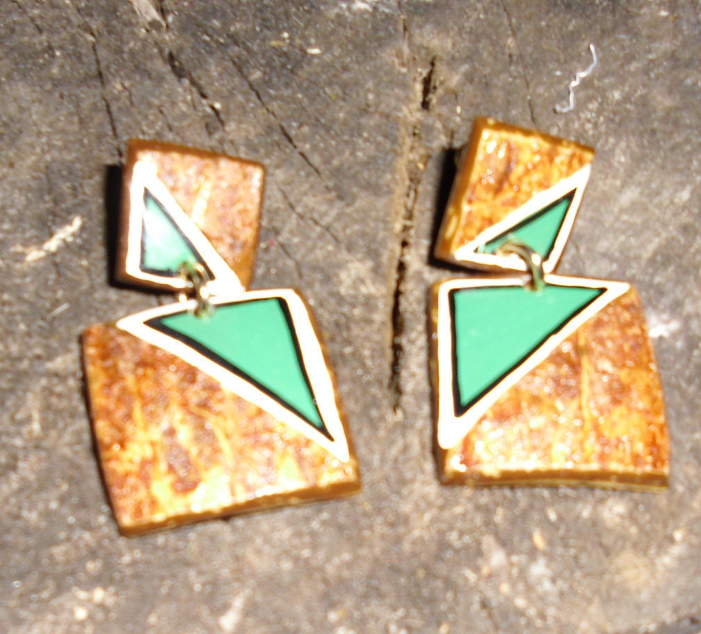 Vintage Earrings / Leather (or Faux Leather)  Dangle Earrings with Screw Backs