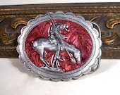 Vintage Belt Buckle, Western Wear, Pewter, Burgundy, Red.  Siskiyou, Native American, Western Art, Horse, Silver, James Earl Frasier.