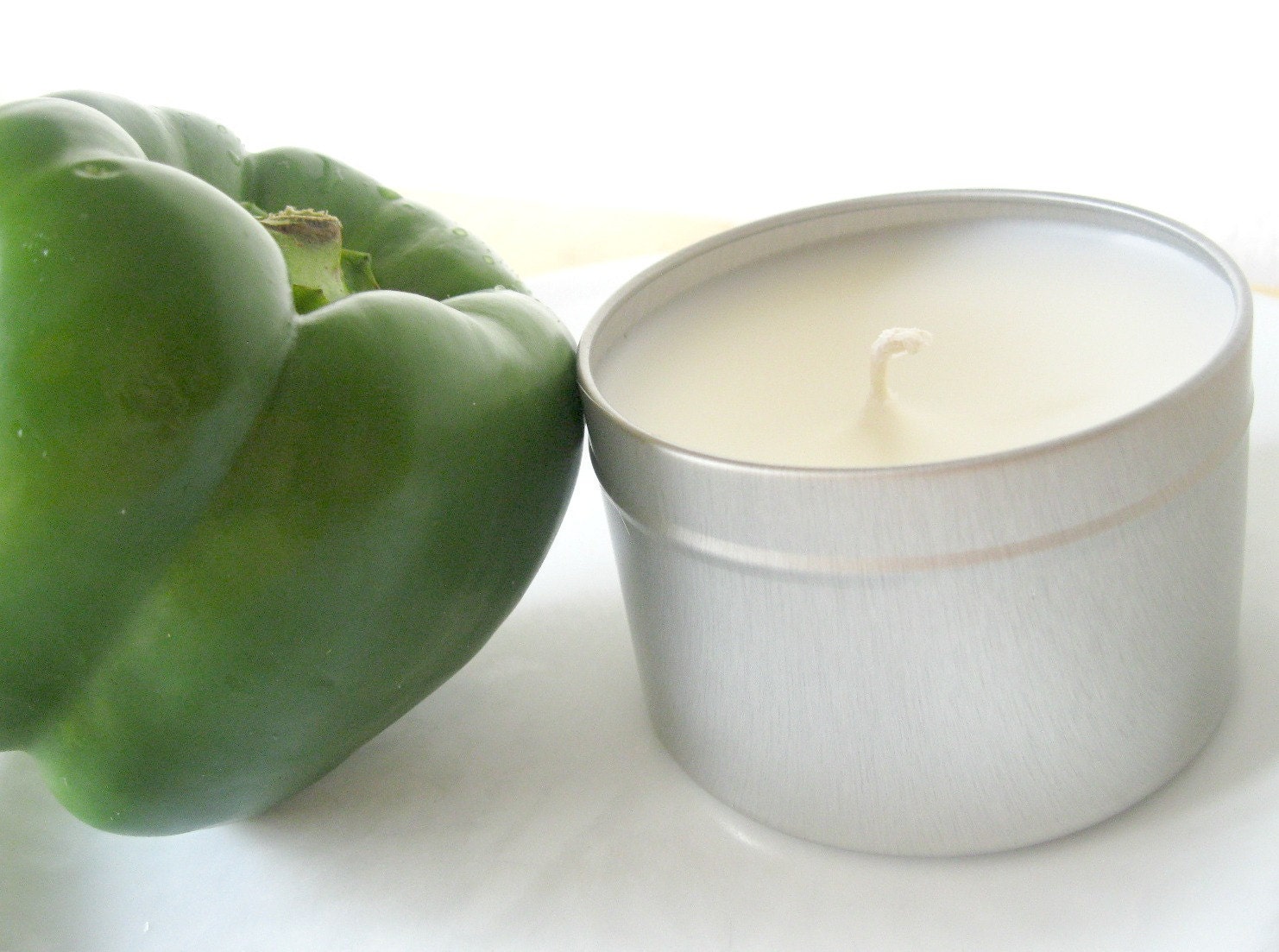 Green Pepper Candle Tin - Soy Blend - Silver 8oz Bell Pepper VEGAN Garden Fresh Candle