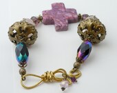 Purple Jasper Cross Bracelet in Brass & Crystals