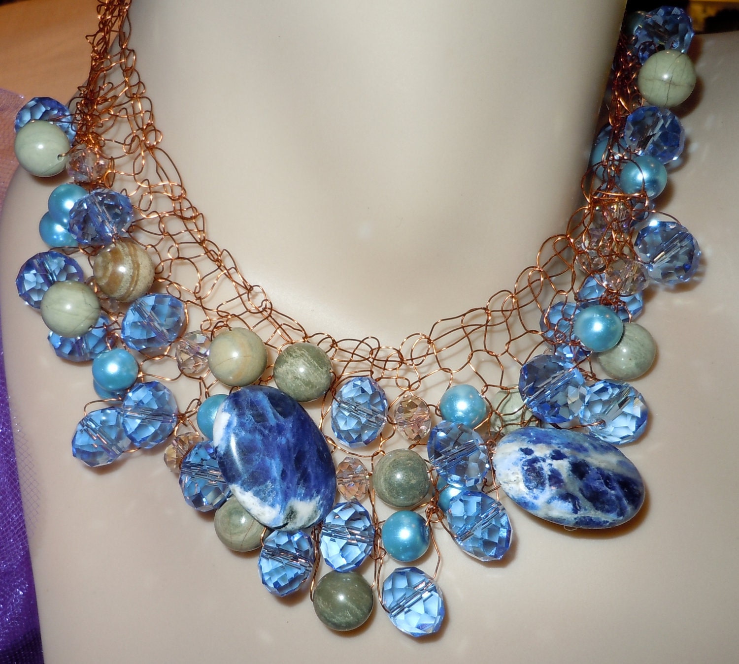 Blue Beautiful Blue Crystals in Sapphire, Sodalite, Leaf Agate, Smoky Quartz Crystals, and Sky Blue Glass Pearls Knitted Necklace