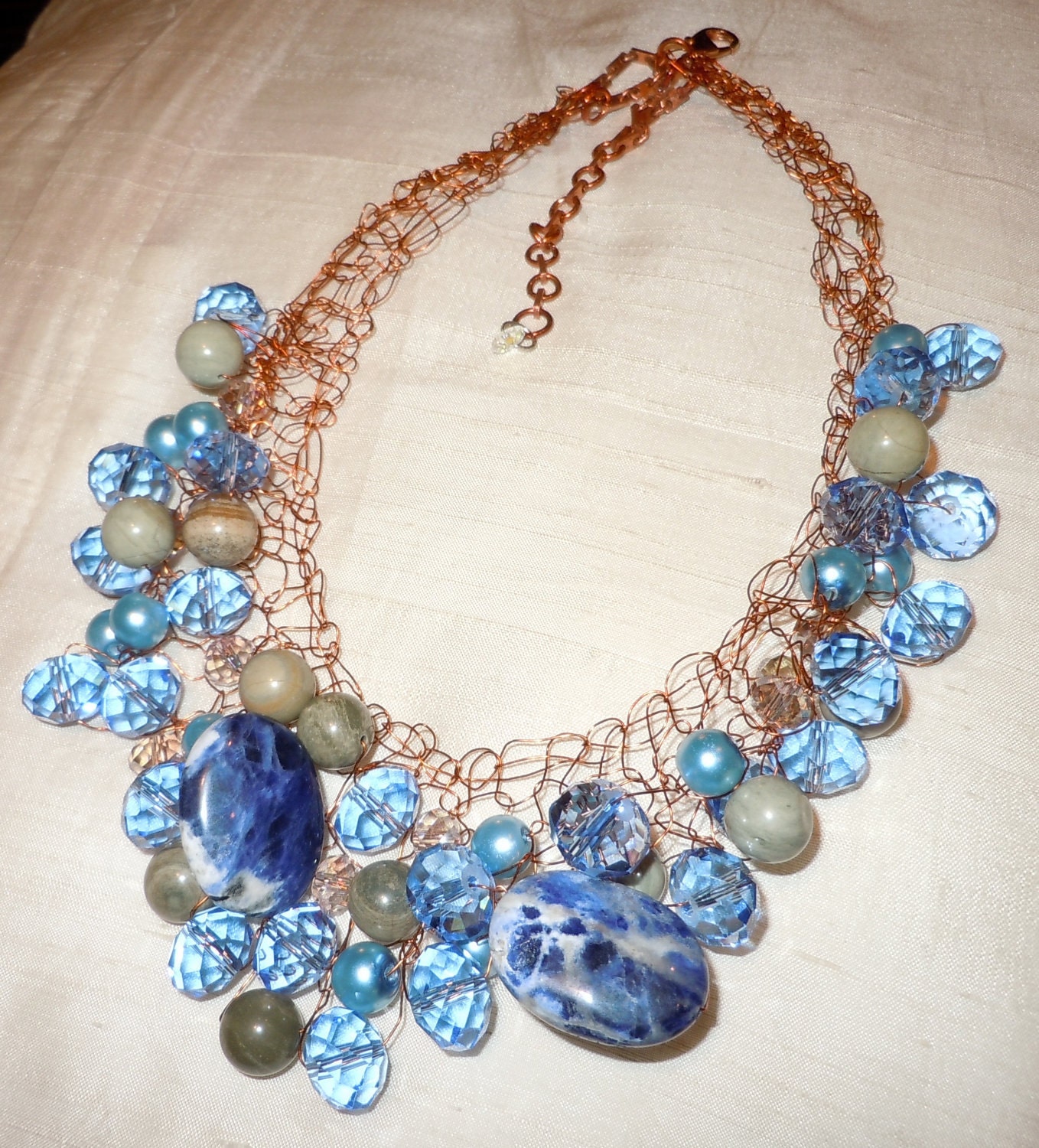 Blue Beautiful Blue Crystals in Sapphire, Sodalite, Leaf Agate, Smoky Quartz Crystals, and Sky Blue Glass Pearls Knitted Necklace