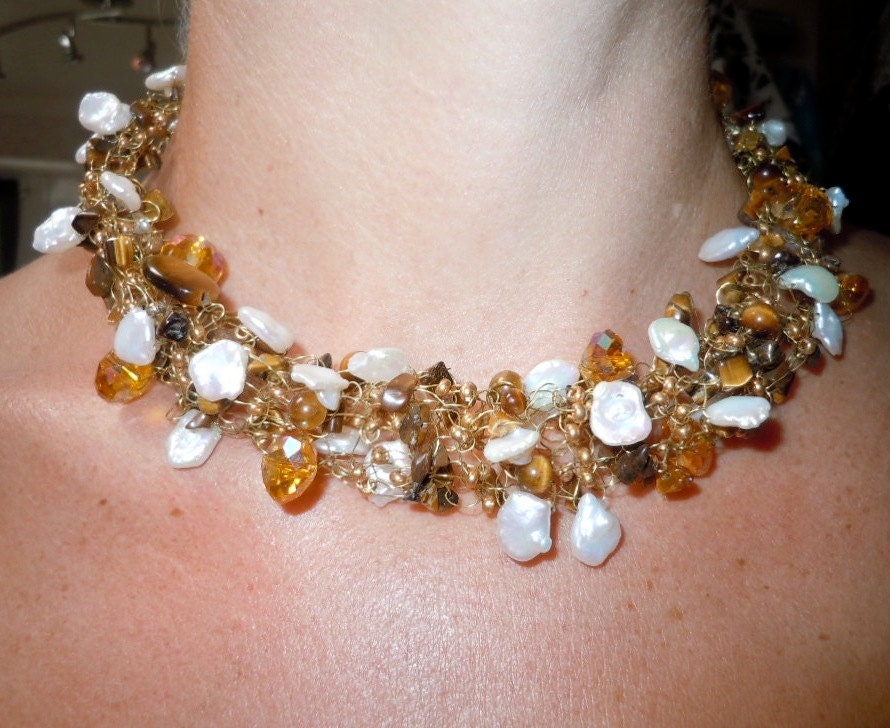 Hand Knitted Wire Necklace filled with Golden Crystals, Keshi Freshwater Pearls and Tigers Eye Truly Lovely